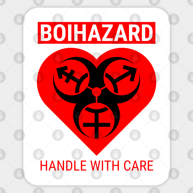 "BOI HAZARD/handle with care" Heart - Label Style - Red Sticker by GenderConcepts